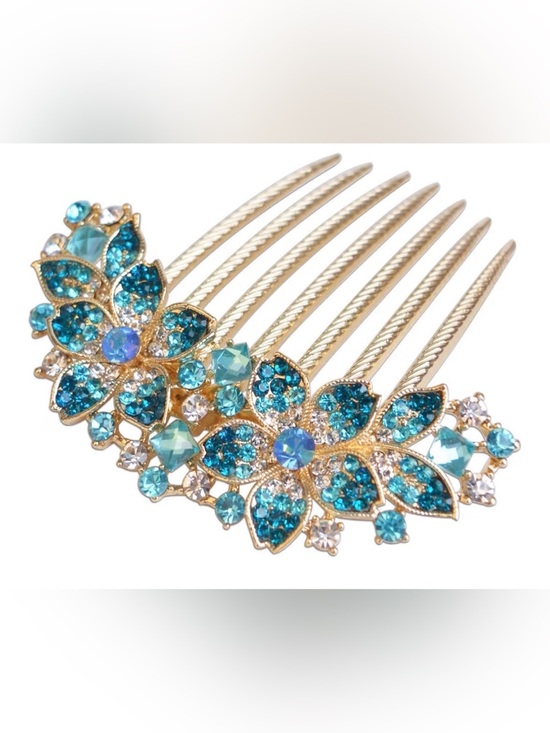 Gold-Tone Floral Crystal Hair Comb - Blue main image 4